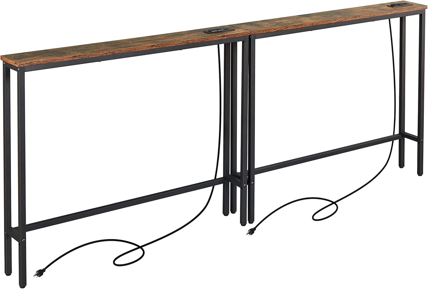 ELYKEN 2 Pack 5.9" Narrow Console Sofa Table with Power Outlets, 5.9" D x 39.4" W x 31.1" H Long Couch Table with Metal Frame and Charge Station with 6.5’ Extension Cord, Rustic Brown