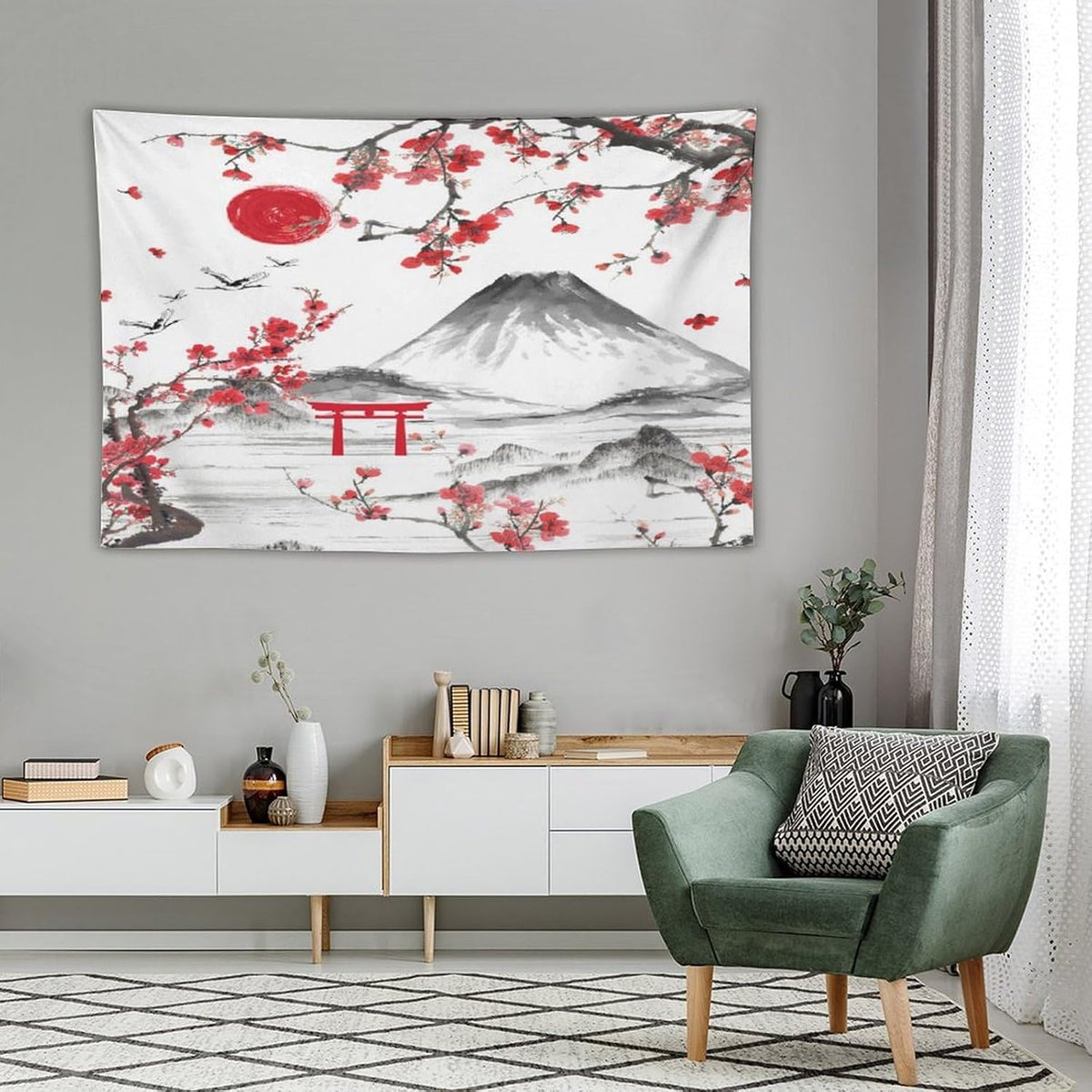 Red Cherry Blossoms Tapestry, Japanese Fuji Mountain Tapestry, Asian Japanese Wall Tapestry, Nature Landscape Tapestries for Bedroom Living Room Decor 60"x40"