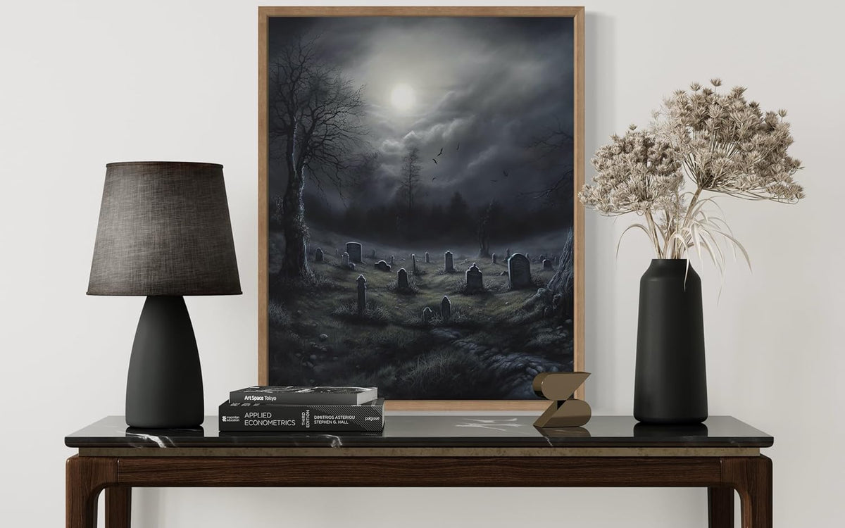 Gothic Graveyard Poster Art Print, Halloween Scary Vintage Wall Art Academia Spooky Painting Decoration for Horror Prints, Posters Bedroom Decor 89 (Gothic Graveyard, 11 x 14 inches, Wood Frame)