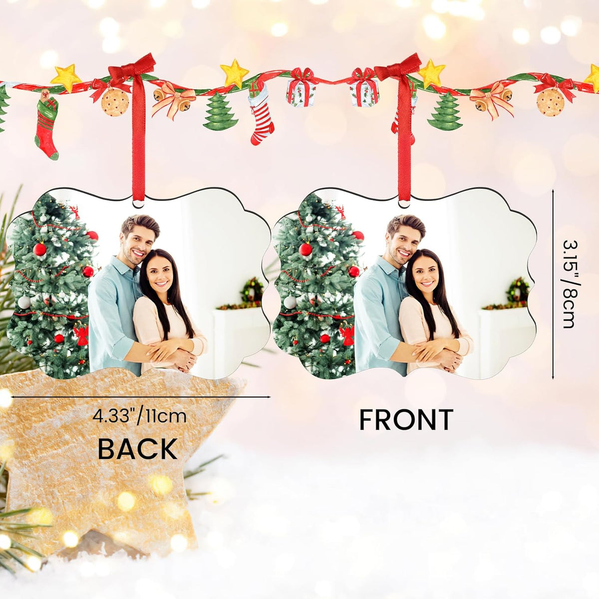4 Pack Personalized Christmas Ornaments 2025 Wood Custom Photo Text Hanging Ornament for Christmas Tree Decorations, First Christmas Engaged/Married, New Home, Baby's First Christmas, Memorial