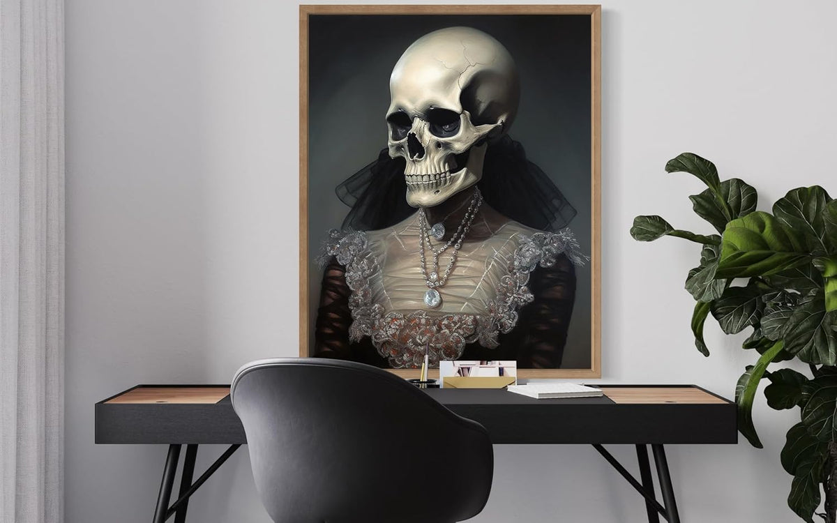 Female Skull Poster Art Print, Halloween Scary Vintage Wall Art Academia Spooky Painting Decoration for Horror Prints, Gothic Posters Bedroom Decor 89 (Female Skull, 16 x 20 inches, Wood Frame)