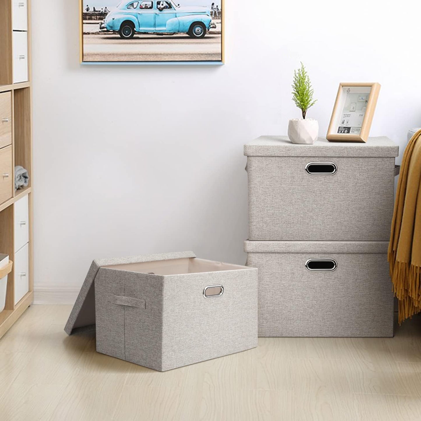 Large 17" 36 Quart Collapsible Stackable Storage Bins with Lids, 3 Packs Beige Linen Fabric Closet Boxes with Lids, Storage Cube Baskets Container Organizers for Bedroom Office(17 x12 x11)