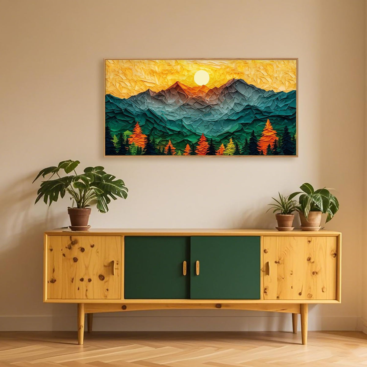 Abstract Sun Mountain Framed Canvas Wall Art Set, Forest Pine Tree Golden Sunset Wall Decor, Mixed Patchwork Landscape Art Print for Living Room, Bedroom, Dining Room, Office - 20"x40"