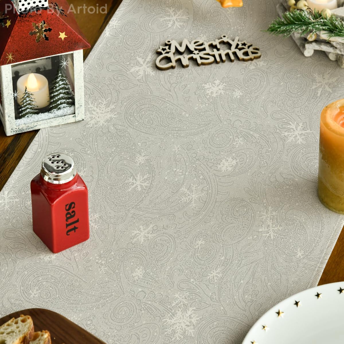 Artoid Mode Snowman Birds Trees Christmas Table Runner, Seasonal Silver Winter Holiday Kitchen Dining Table Decoration for Home Party Decor 13 x 108 Inch
