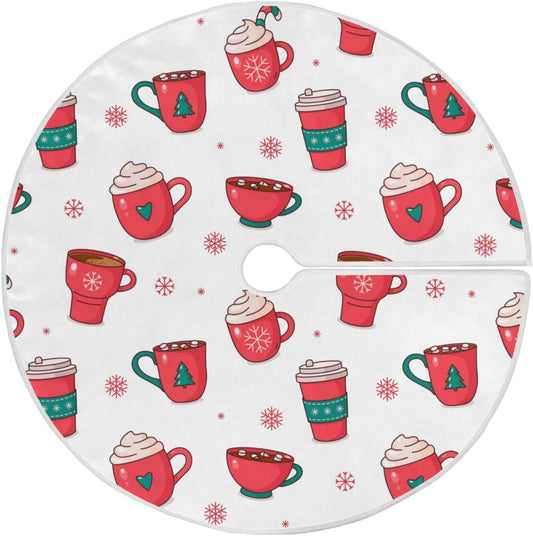 Christmas Hot Chocolate Coffee Tree Skirt, Seasonal Tree Mat Holiday Party Supplies Ornaments Indoor Outdoor Decorations for Tabletop Trees 35.4 Inches
