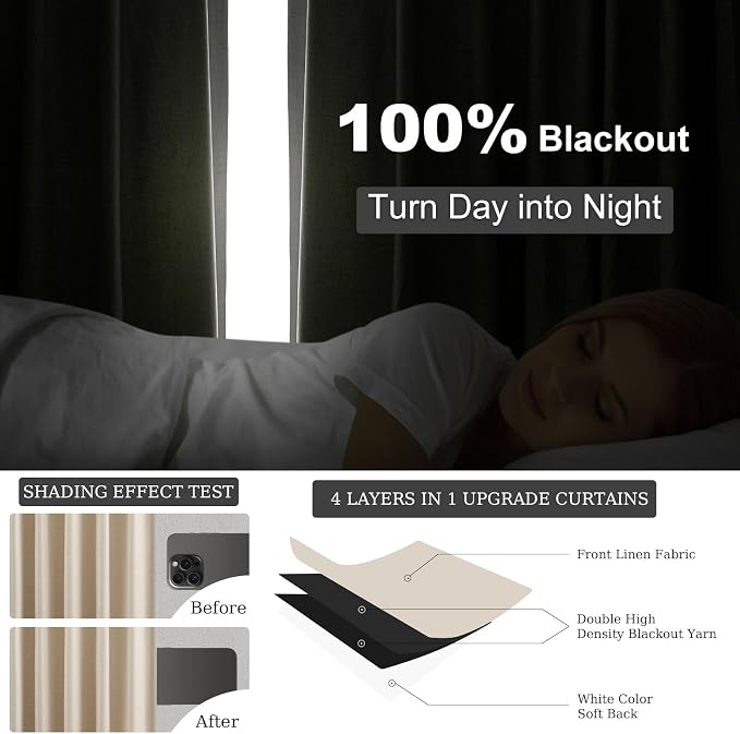 Topfinel Beige Linen Blackout Curtains 84 Inch Long, Modern Black Out Curtains - Image 6