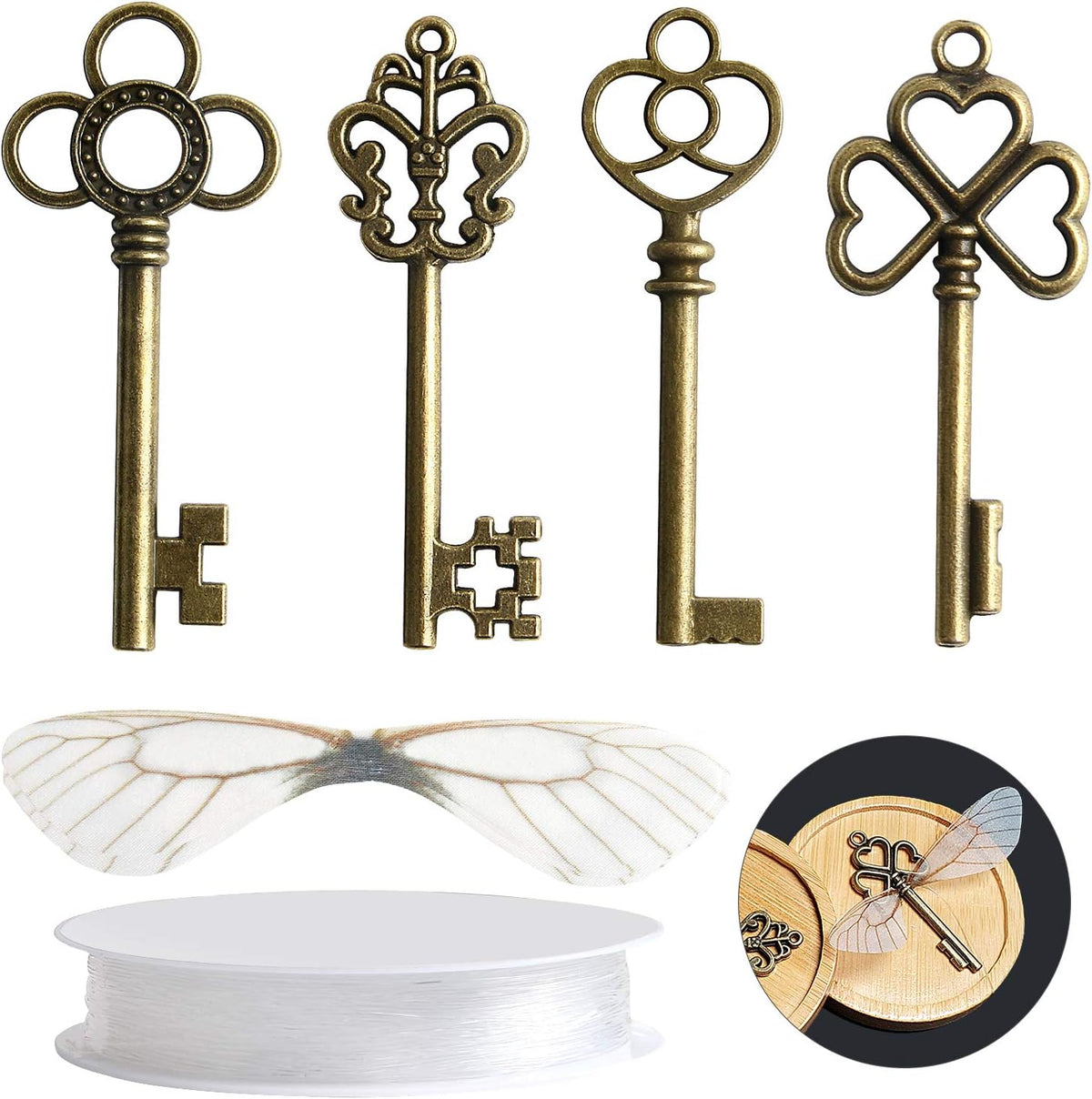 SANNIX 30 PCS Vintage Skeleton Keys Flying Keys with 30 Pairs Dragonfly Wings and 30 Yards Elastic String for Party Decorations