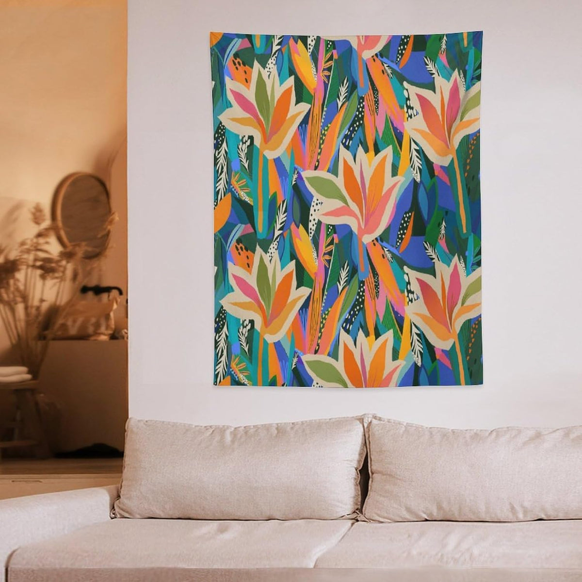 ICMOLYYENLO Boho Green Leaves Tapestry, Mid Century Abstract Tropical Palm Leaves Modern Minimalist Geometric Wall Hanging, Neutral Home Decor Art for Living Room Bedroom Dorm 30x40 Inch