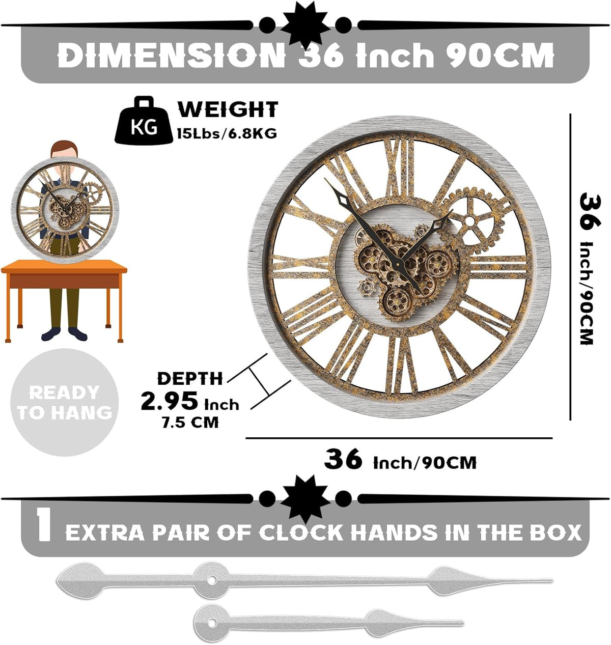 The B-Style Large Wall Clock 24 inch Moving Gear Wall Clock Oversized Vintage Farmhouse Wall Clocks for Living Room Decor Rustic Industrial Wood Clock (Silver Gray, 36 inch/90cm)