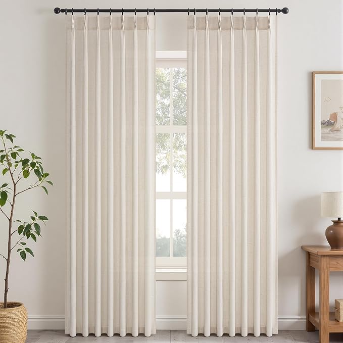 Topfinel 96 Inches Long Pinch Pleated Semi Sheer Curtains, Ivory Beige Linen - Image 9