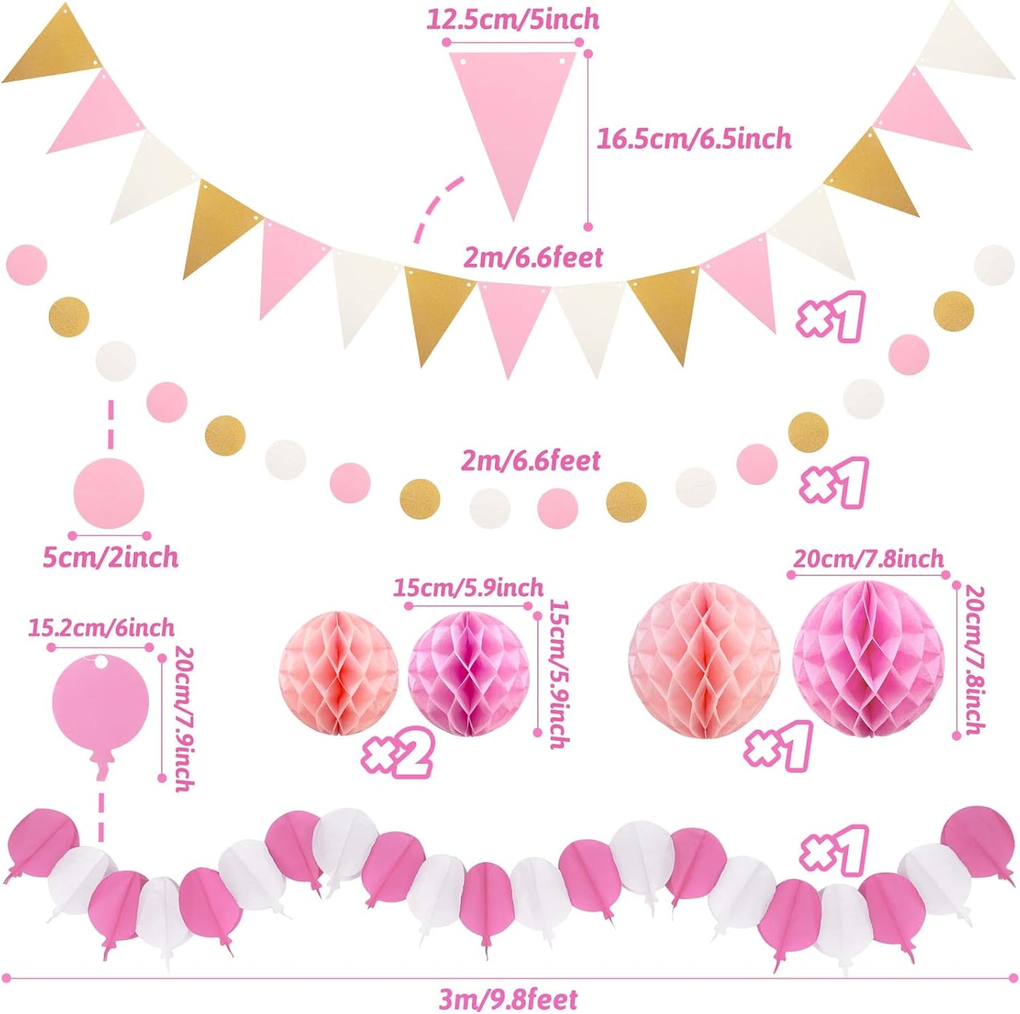 Pink Party Decorations, Easy Assembly Paper Fan Honeycomb Ball Garland Hanging Swirl Rose Red Party Supplies for Girl Women Birthday Bridal Shower Baby Shower Party Decorations