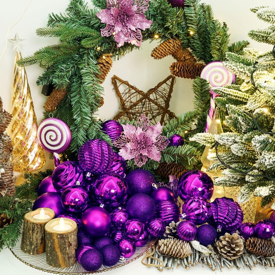 XmasExp 16ct Christmas Balls Ornaments - Shatterproof Large Hanging Ball Decorative Xmas Balls for Halloween Decorations Holiday Xmas Tree Decoration(3.15"/80mm, Purple)