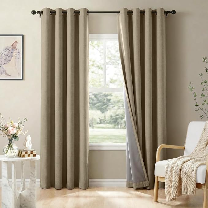 100% Blackout Linen Textured Curtains 63 Inch Long, Plaza Taupe | 100% Blackout by 100BlackoutShield