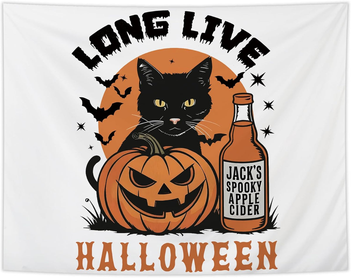 NATSUNO Halloween Tapestry, Long Live Halloween Wall Tapestry for Bedroom, Trendy Black Cat Pumpkin Apple Cider and Bats Tapestries Wall Hanging for Home Living Room Decor, 50x60 Inches