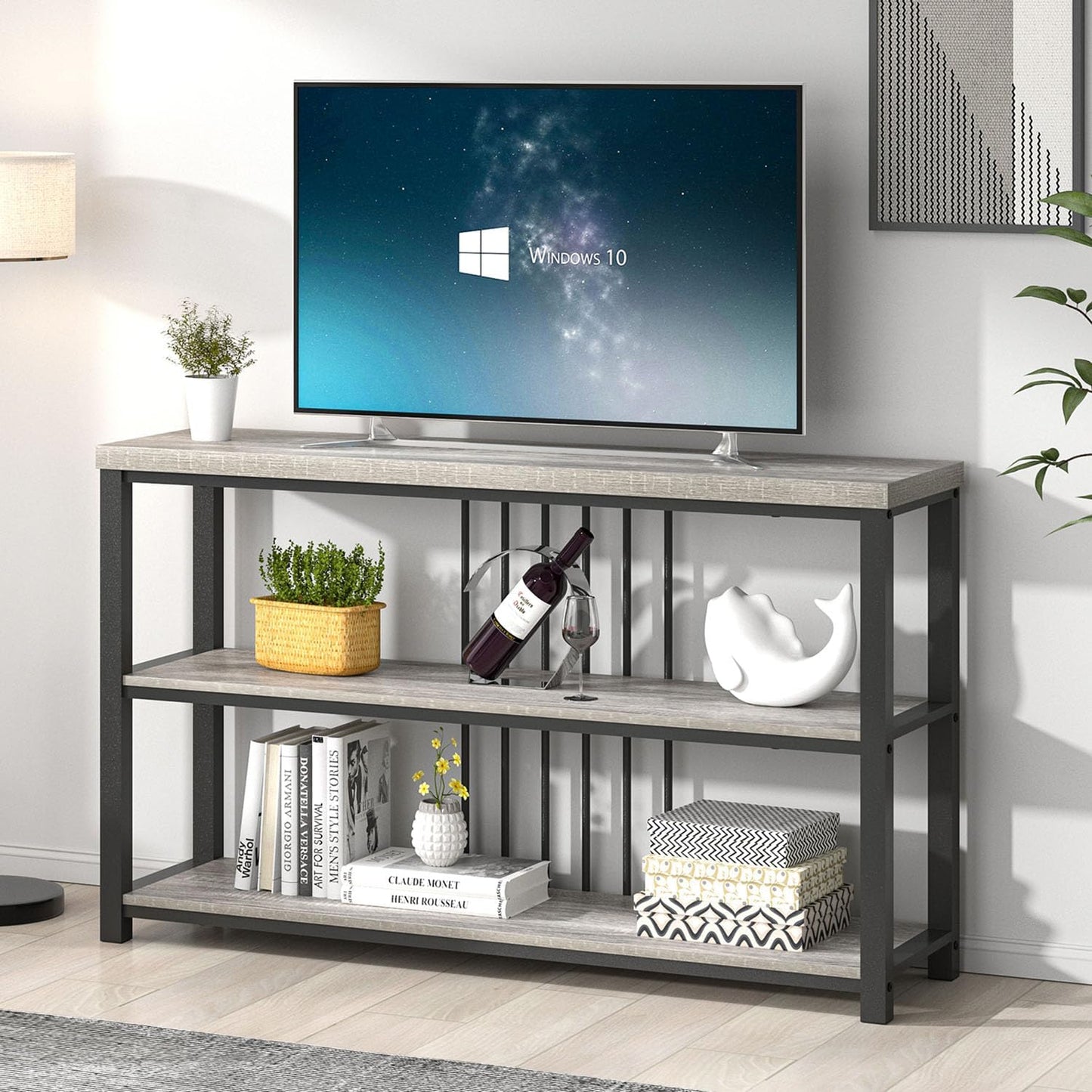 FOLUBAN Console Tables for Entryway, Sofa Table with 3 Tier Storage for Living Room Hallway Foyer Behind Couch, Rustic Light Grey