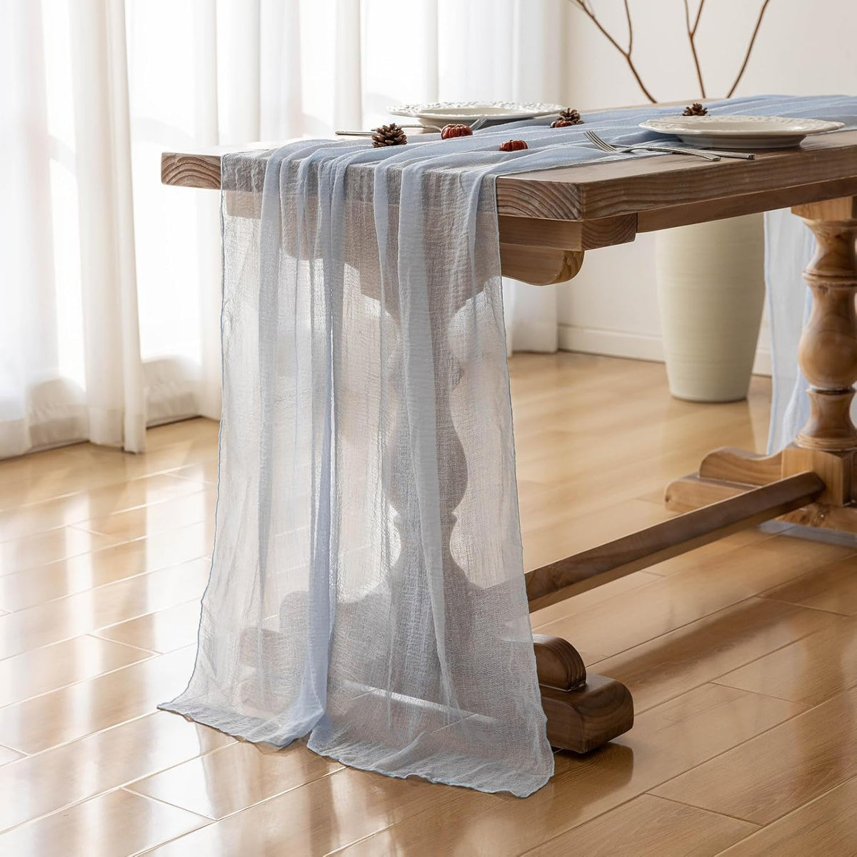 3pcs Light Blue Gauze Rustic Cheesecloth Table Runner 120 Inch 10 FT for Wedding Baby Shower Bridal Shower Birthday Engagement Garden Outdoor Party Long Sheer Boho Decorations
