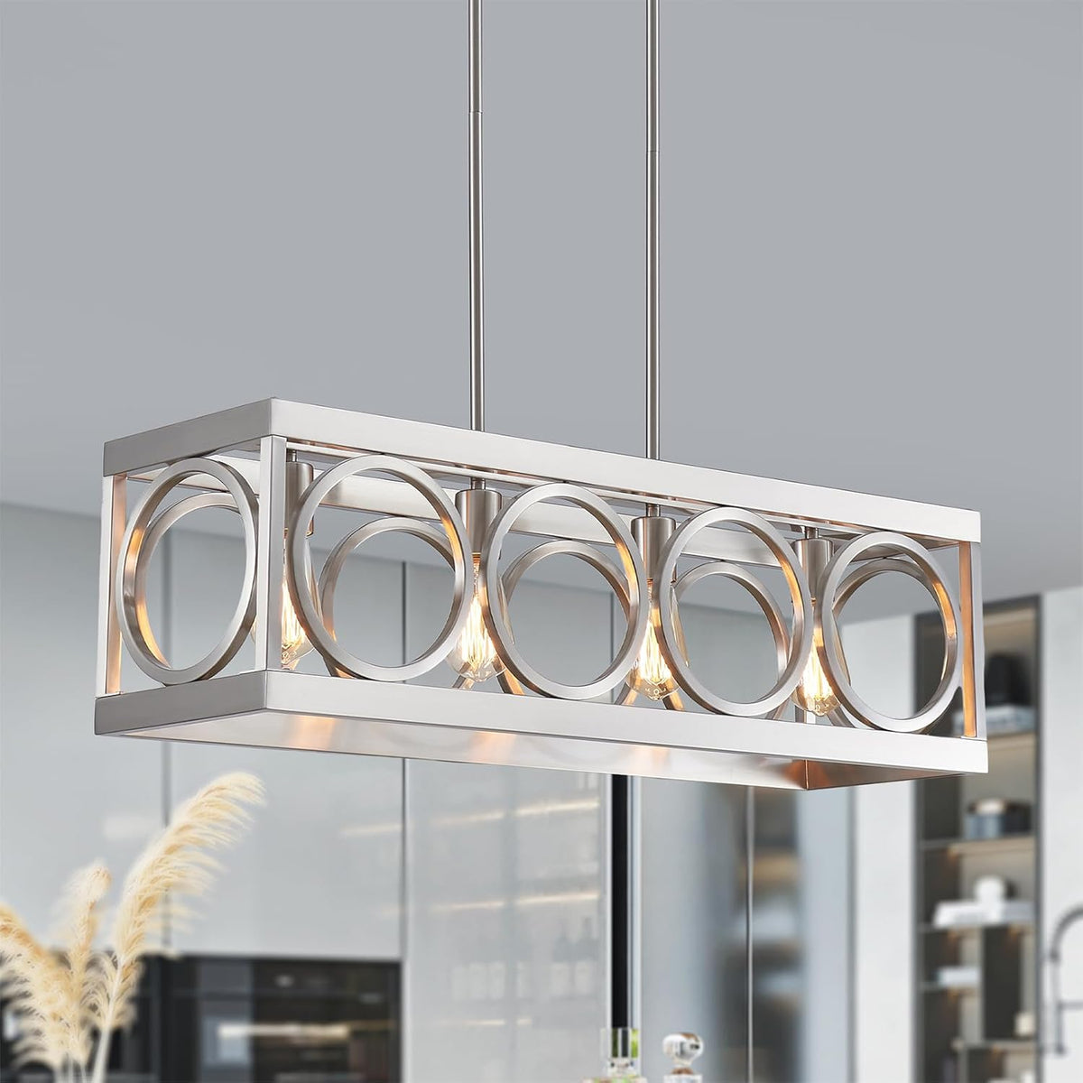 XINGQI Linear Chandelier Brushed Nickel Kitchen Island Light Fixtures 31.5" Rectangle Dining Room Chandeliers, Farmhouse Hanging Large 4-Light Rustic Metal Living Room Office Pendant Lighting
