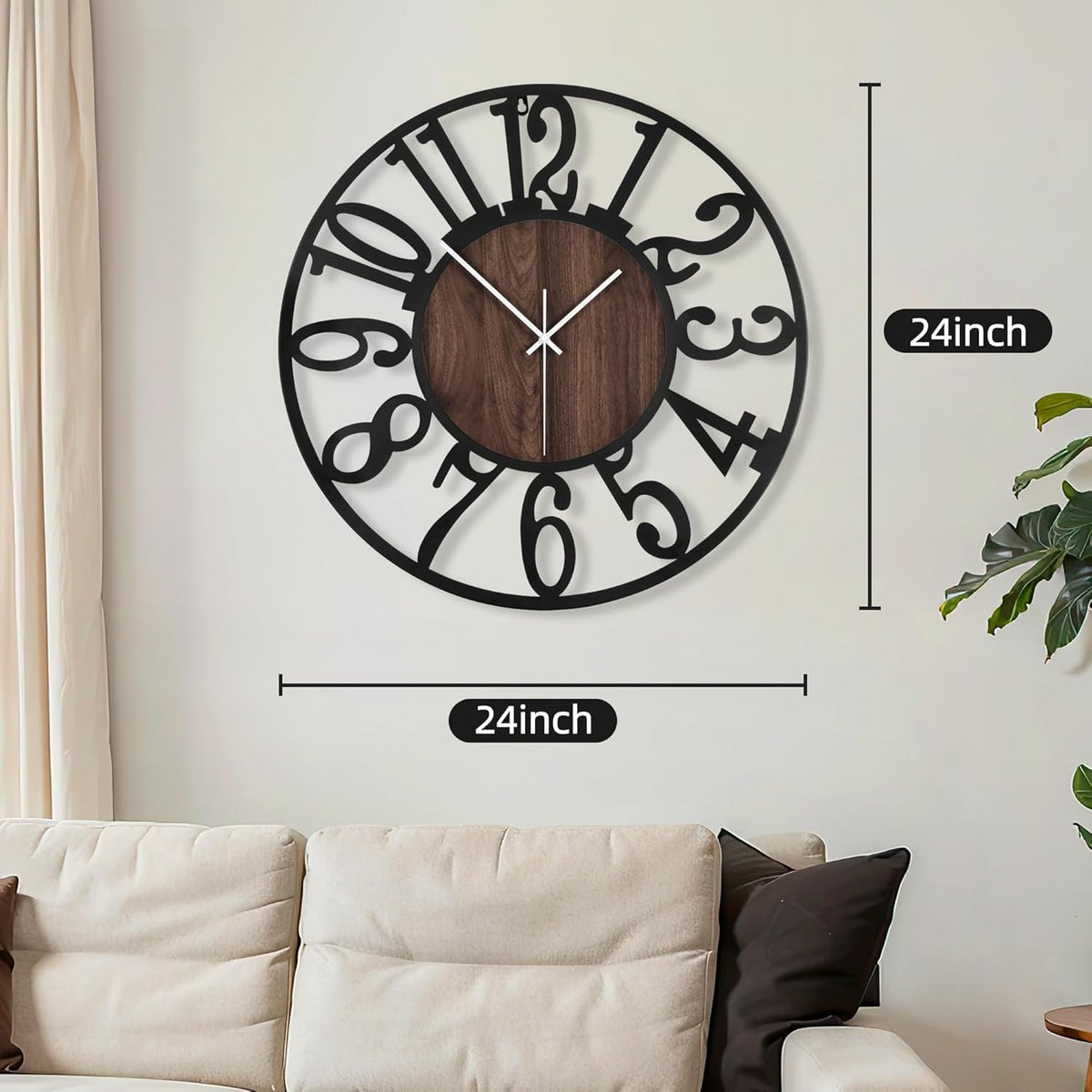 Maxstar Large Round Wall Clock for Living Room Decor Battery Operated Non Ticking Black Metal Wood Clocks for Home Living Room Garden Farmhouse Office Kitchen Decoration -24 inch