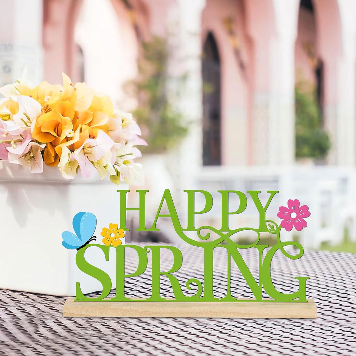 COCHIE Metal Happy Spring Sign, Spring Decorations for Home, Office, Shelf, Mantel, Indoor, Spring Flower Decor, Spring Butterfly Table Top Party Decoration (Spring)