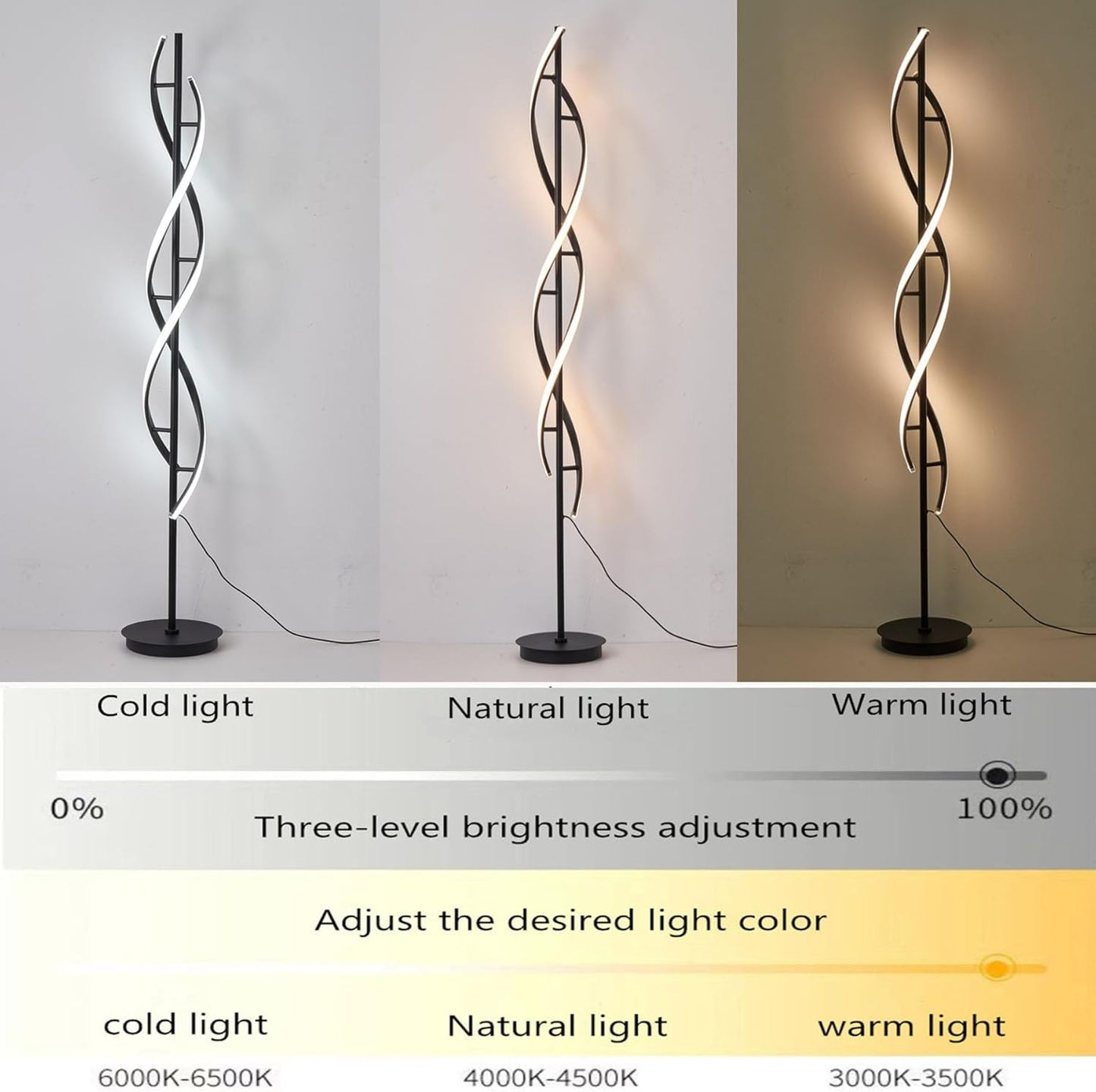 Unique Spiral Floor Lamp 3 Color Dimmable with Remote Standing Floor Lamp, Modern Creative Tall Lamp Control for Living Room Bedroom and Office Black
