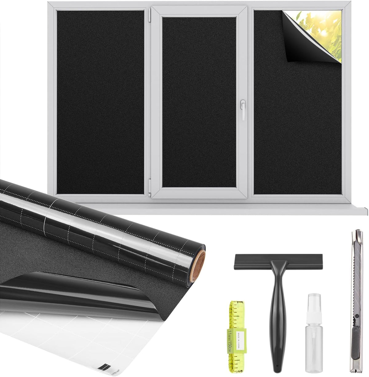 Kromapolis Blackout Window Privacy Film Total Light Blocking Room Darkening Window Covering, Removable Static Cling Frosted Glass Tint, Non-Adhesive, Black 45.2'' x 393.7''