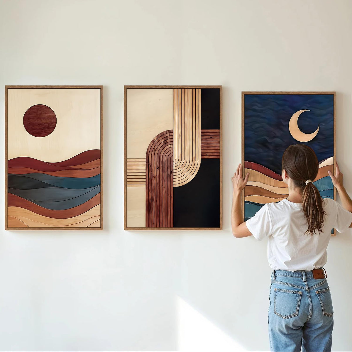 SIGNINART Boho Mid Century Modern Framed Canvas Wall Art, Bohemian Geometric Wall Decor, Abstract Sun and Moon Artwork,Beige and Black Wooden Art Paintings for Living Room Bedroom Office 16"x24"x3