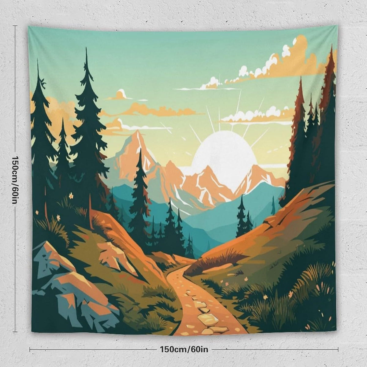 HZOHNAGO Mountain Tapestry Forest Mountain Sunrise Road Pattern Printed Wall Tapestry Wall Hanging for Bedroom Living Room Dorm 60" W x 60" H