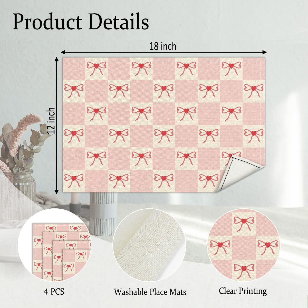 Pink Bow Placemats Set of 4, Table Mat for Home Kitchen, Restaurants, Outdoor Linen Washable Place Mats 12x18 inch Party Event Dining Decoration-03