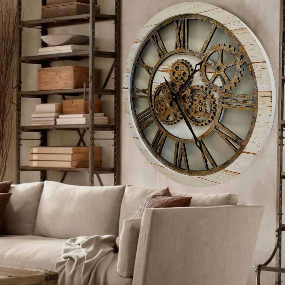 The Gears Clock The Original Real Moving Gear Wall Clock Vintage Industrial Oversized Rustic Farmhouse (24 inch (60cm), Vintage Desert Beige and Bronze)