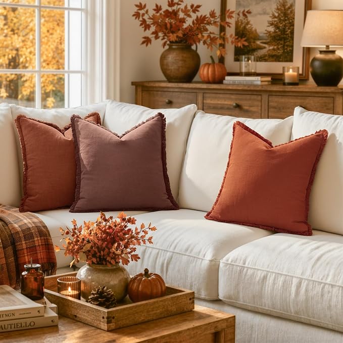 MIULEE Linen Fringe Decorative Fall Throw Pillow Covers Burnt Orange 20x20 | - Image 2