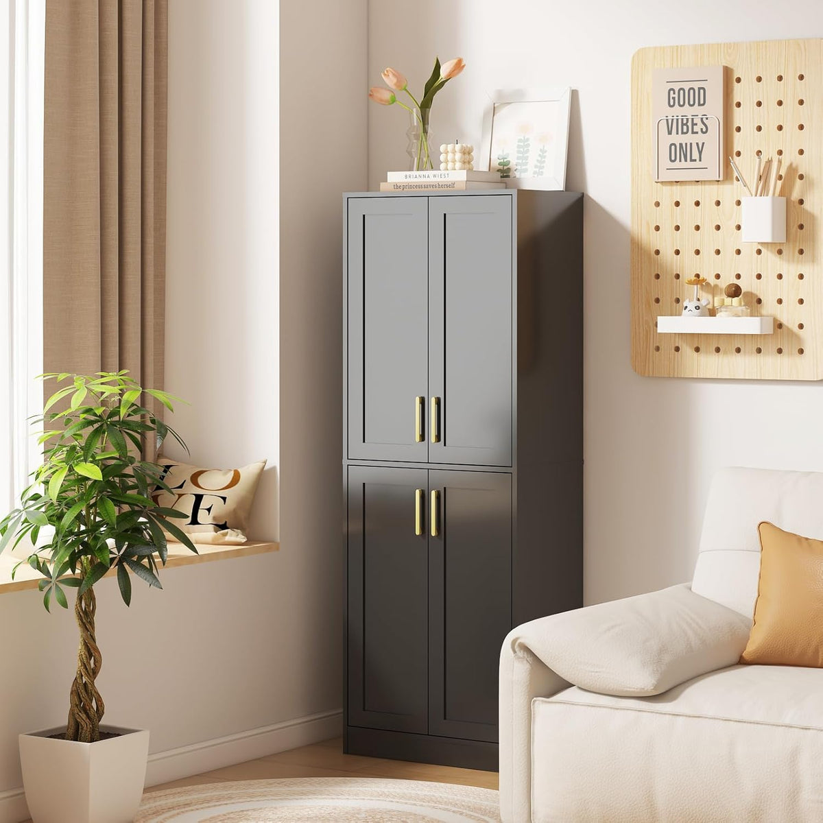 Tall Storage Cabinet with Doors & Shelf for Bathroom, Living Room, Entryway - Black