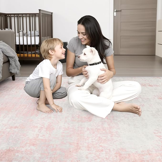Area Rug Living Room: 4x6 Modern Washable Soft Carpet Pink White | - Image 7