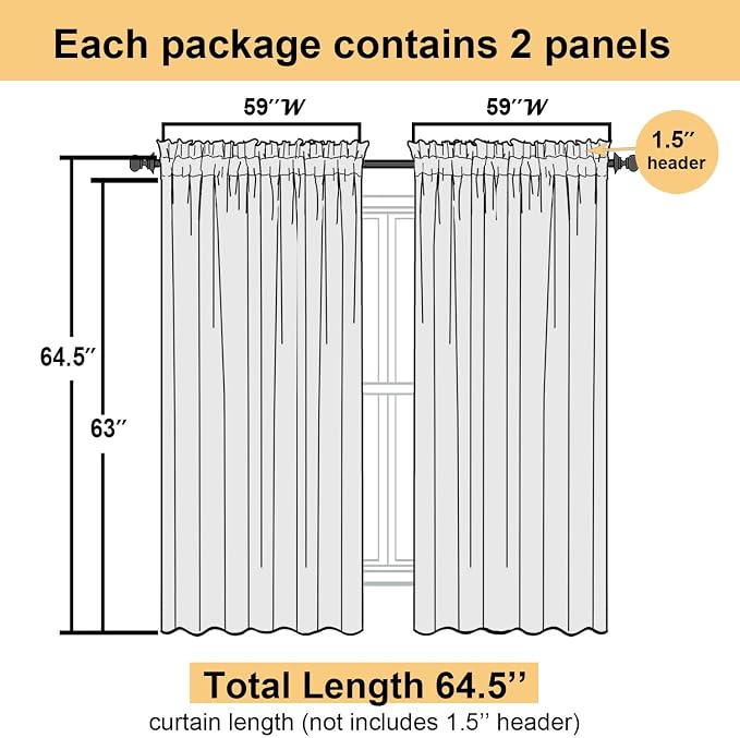 Black Sheer Curtains 63 Inch Length 2 Panels, Voile Light Filtering Living Room - Image 2