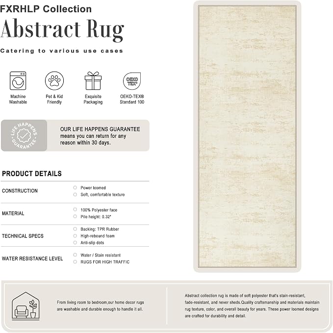 2x5 Washable Runner Rug：Modern Abstract Kitchen Soft Carpet Beige | - Image 2