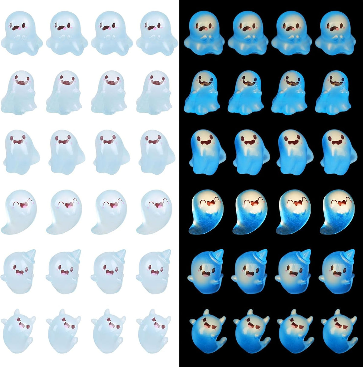 KIMOBER 24PCS Mini Luminous Ghost Miniature Figurines,Assorted Spooky Glow in Dark Resin Ghost Tiny Elf Figures for Fairy Garden Micro Landscape Decor Cake Topper Halloween(Assorted Ghost)