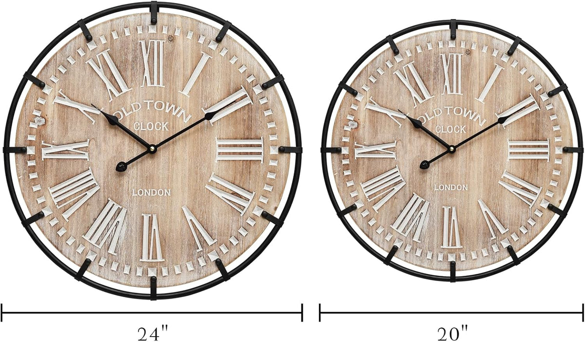 20 Inch Grand Farmhouse Wall Clock, Vintage-Inspired Wood & Metal Design with Large Etched Numbers, Silent Battery-Powered Timepiece for Offices, Kitchens, Bedrooms, and Living Rooms