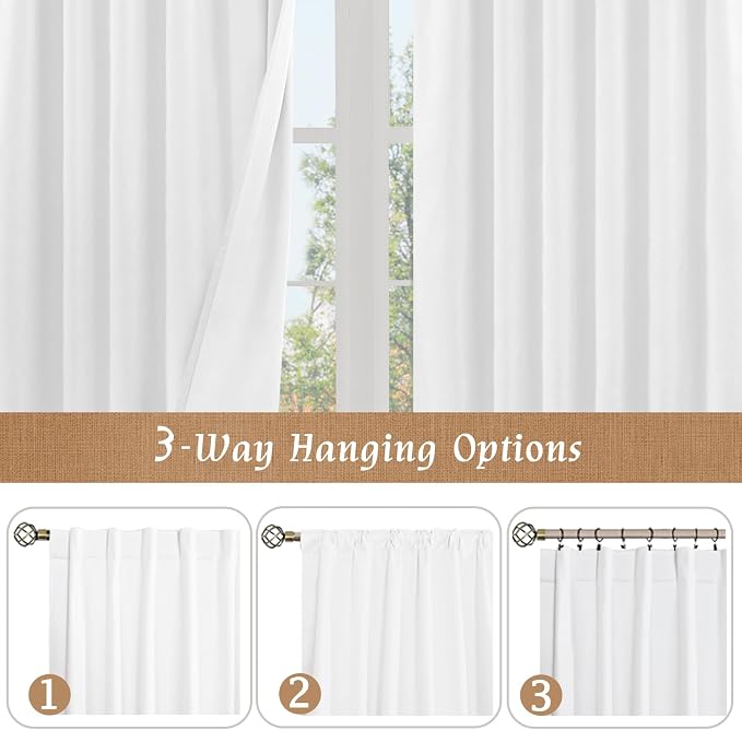 White 100% Blackout Linen Bedroom Curtains 63 Inches 2 Panels | Linen Textured - Image 9