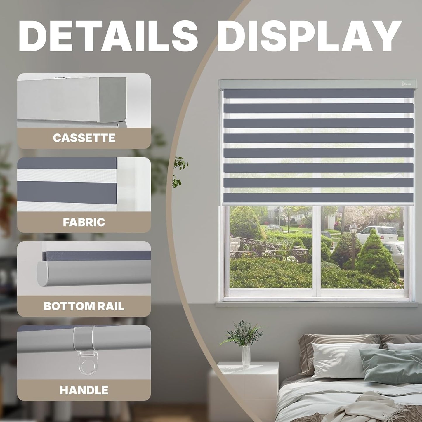 HESTIA Cordless Zebra Blinds Light Filtering Roller Shades UV Blocking Blackout Privacy Indoor Window Blind for Home Office Day and Night, Blue Grey,42" W x 54" H