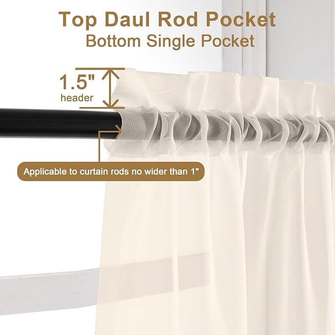 Chyhomenyc Cream Sheer Curtains 63 Inches Long 2 Panels Set | Light Filtering - Image 5