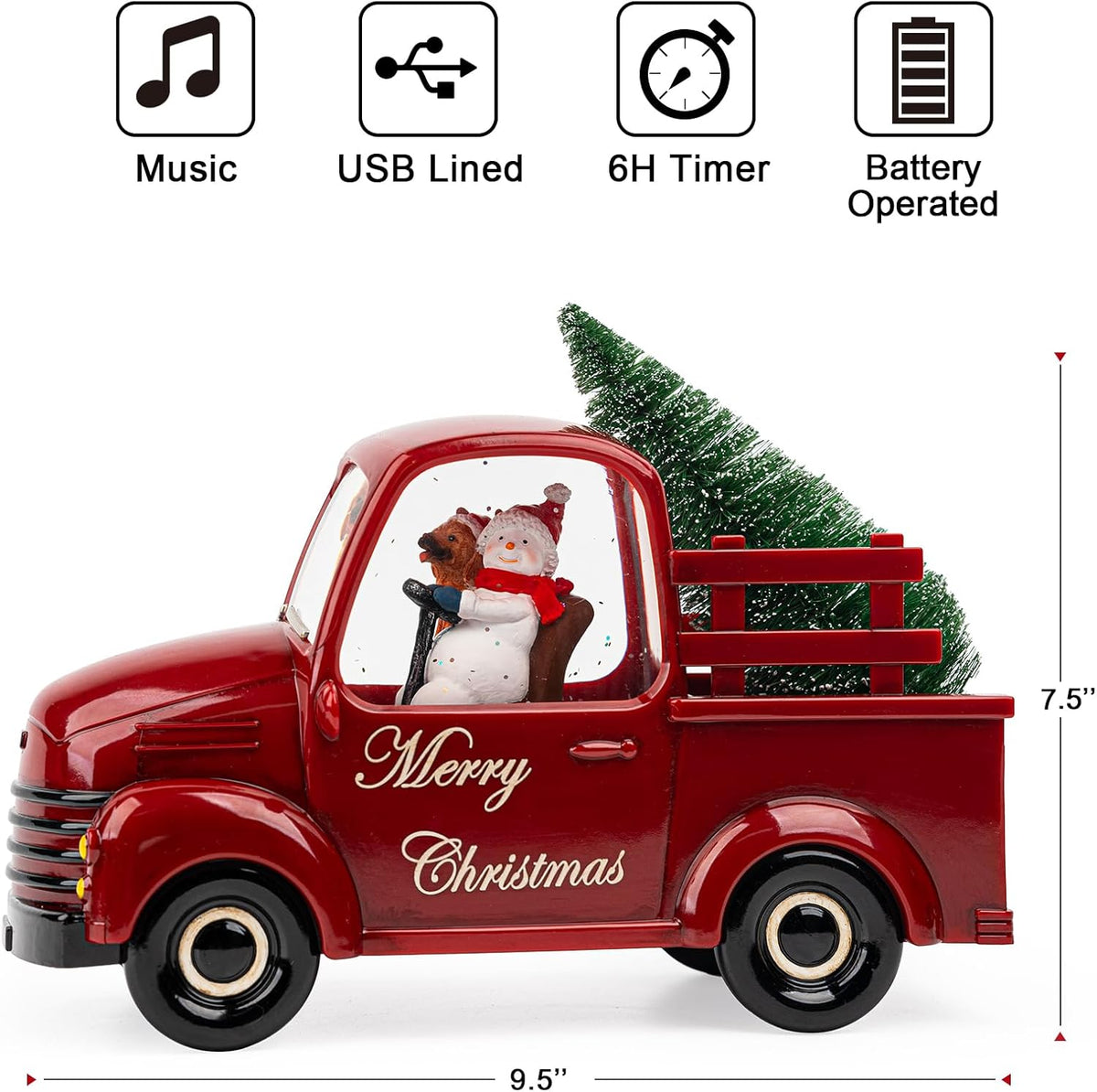 Christmas Snow Water Lantern Glittering Snowman and Pup in Red Truck with Christmas Tree, USB Lined/Battery Operated Lighted Spinning Lantern for Christmas Festival Decoration Gifts