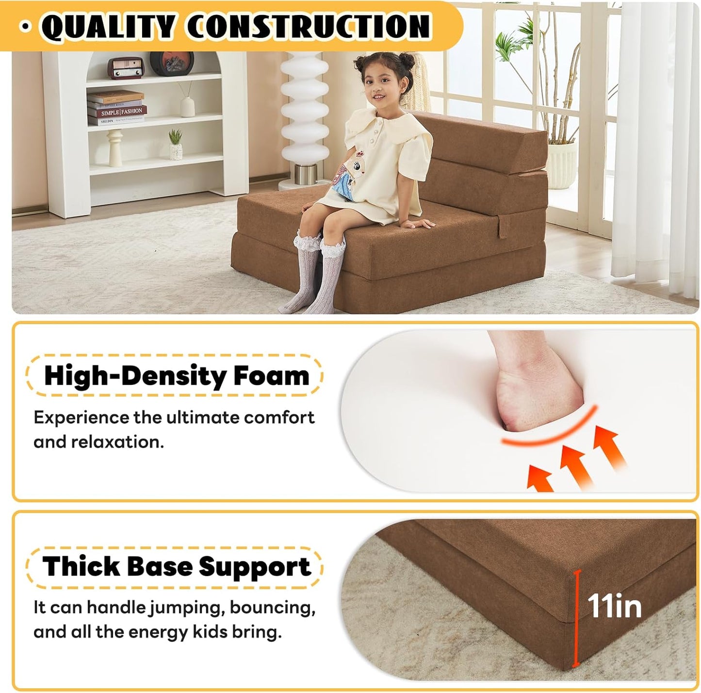 jela Foldable Sofa Bed Large Soft Foam Convertible Sleeper Chair Luxury Miss Fabric Fold Out Chair Bed Floor Couch with Back Support Floor Sofa for Living Room Bedroom (83"x33",Coffee Brown)