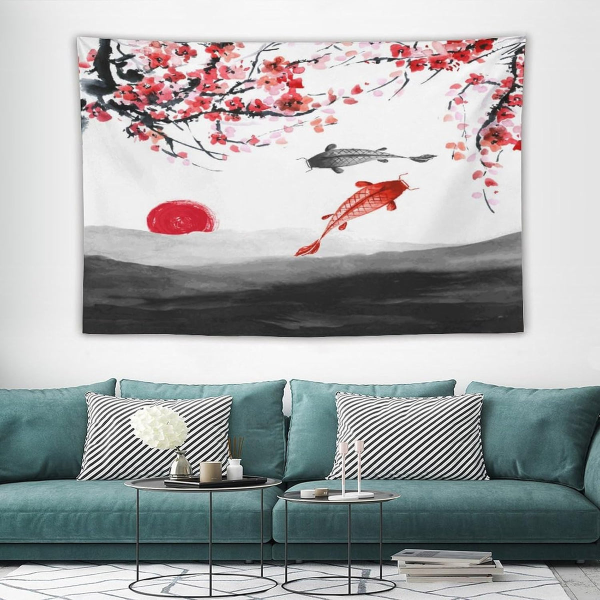 Houselerax Japanese Koi Fish Tapestries, Cherry Blossoms Asian Oriental Flower Branch Koi Fish Carp Tapestry Wall Hanging for Bedroom Living Room Office Decor 90"x60"