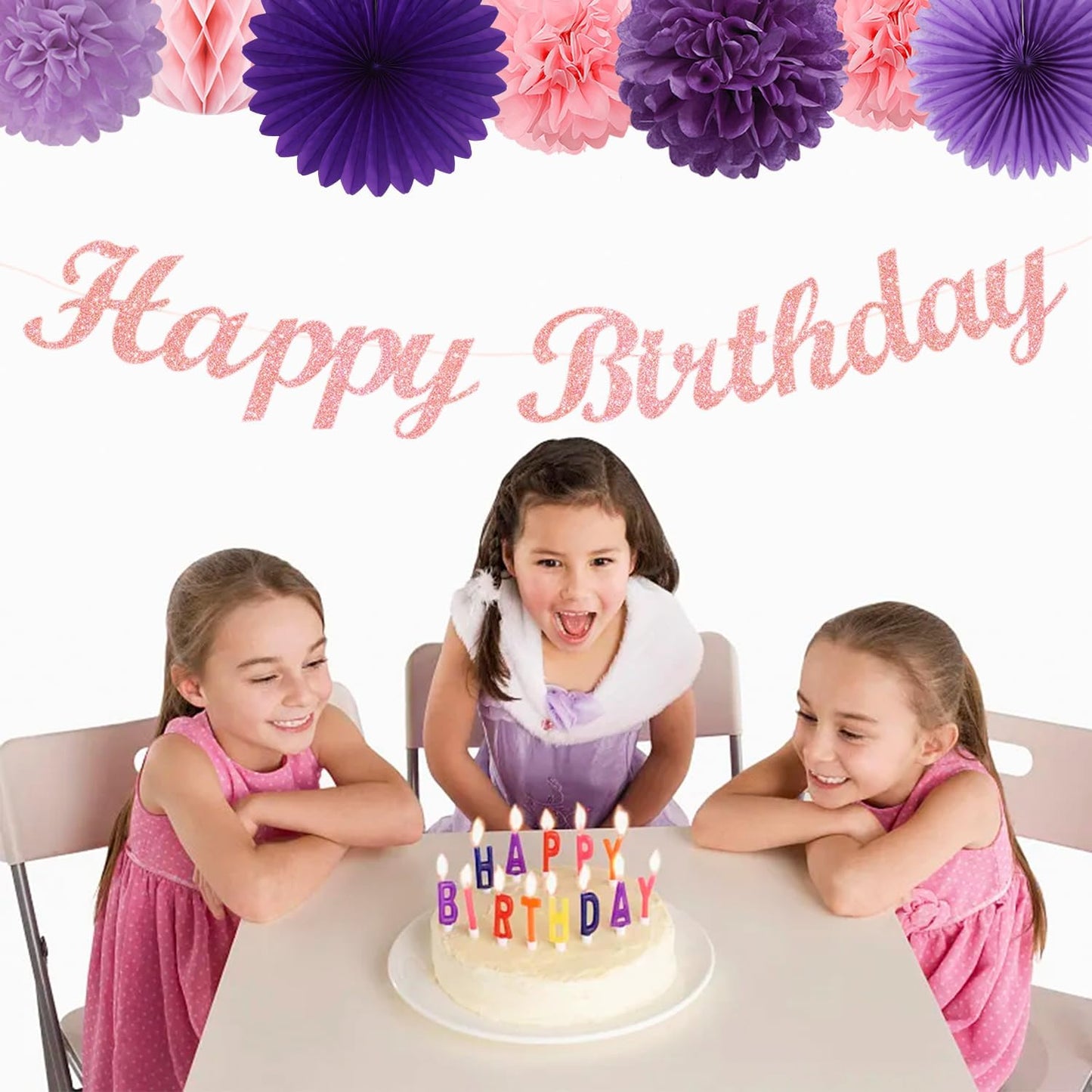 Purple Pink Birthday Party-Decorations Paper-Flowers - 14pcs Happy Banner Lavender Lanterns Tissue Pom Poms,Lilac Streamers Garland Fans Honeycomb,Women Girls Adult Kids Hanging Supplies Decor Hugfond
