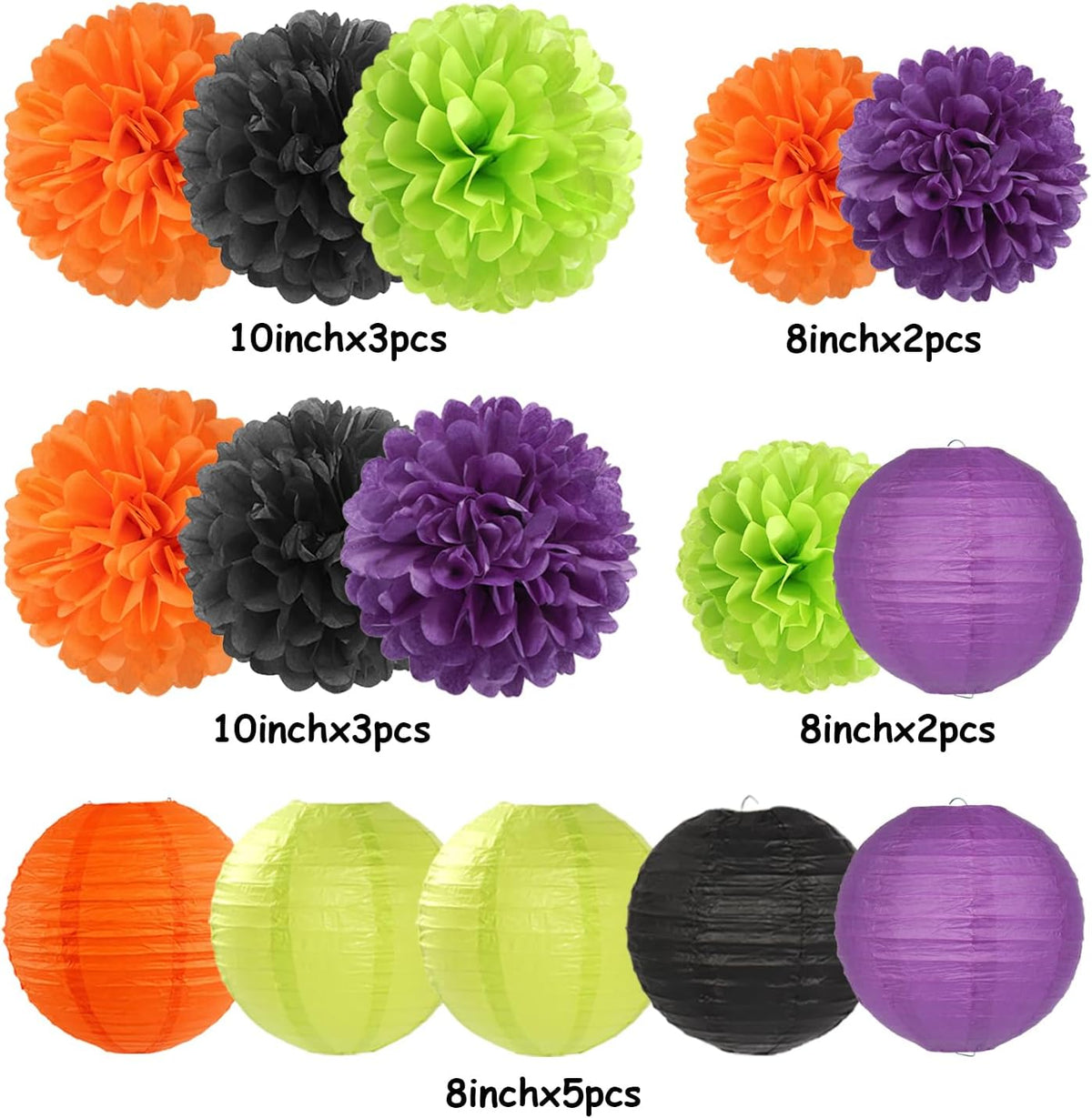 Black-Orange Purple Green Halloween Party-Decorations - 15PCS Paper Flowers Lanterns Tissue Pom Poms Streamers,Vintage Birthday Baby Shower Bachelorette Wedding Bathroom Hanging Supplies Decor Hugfond