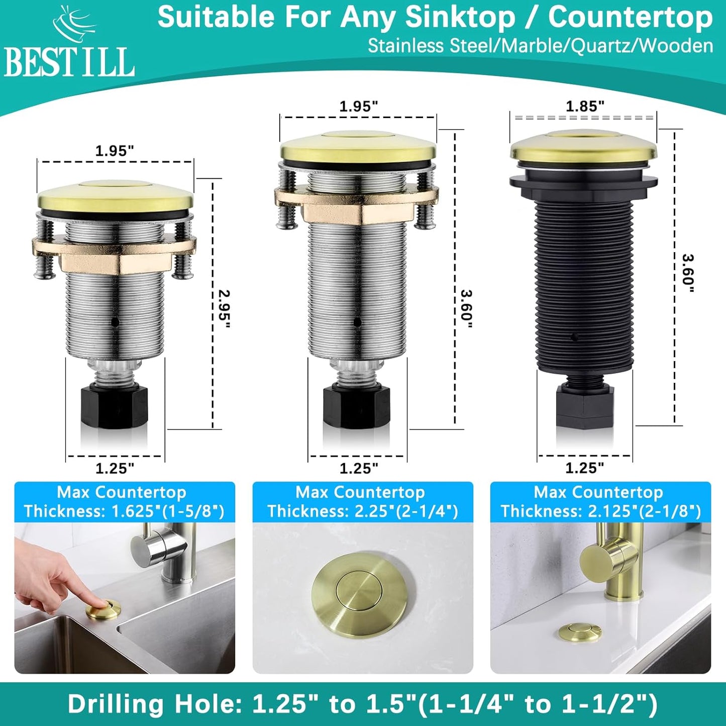BESTILL Garbage Disposal Air Switch Kit - UL Listed, Cordless Sink Top Switch Button for Waste Disposer, 3.6" Long Push Button with Brass Cover, Brushed Gold, Compatible with all Garbage Disposals
