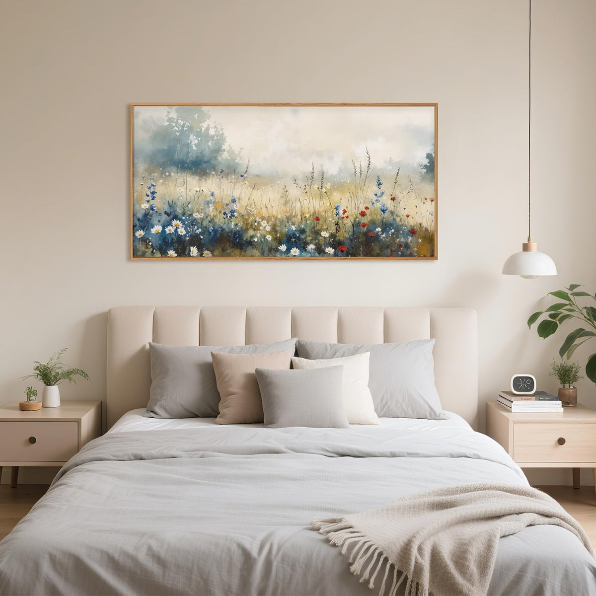Nature Wildflower Framed Canvas Wall Art Set, Pastoral Landscape Wall Decor, Colorful Meadow Wall Painting, Rustic Floral Art Print for Living Room, Bedroom, Office - 20"X40"