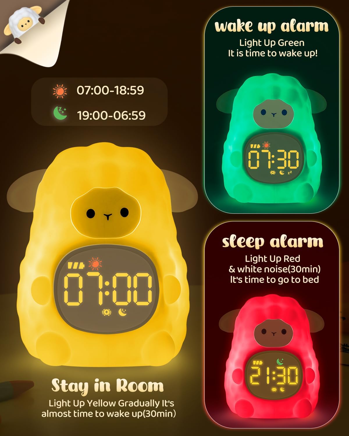 Sheep Alarm Clock for Kids with Night Light, Sleep Training Clock Time to Wake Clock, Rechargeable Silicone Light for Bedroom, Perfect Sleep Companion for Boys Girls