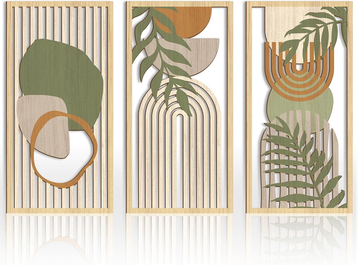 IARTTOP Boho Mid-century Modern Wood Wall Art 16x32 Inch Large Green Abstract Wood Wall Decor Mid Century Bohemian Artwork for Bedroom Living Room Office Kitchen Set of 3