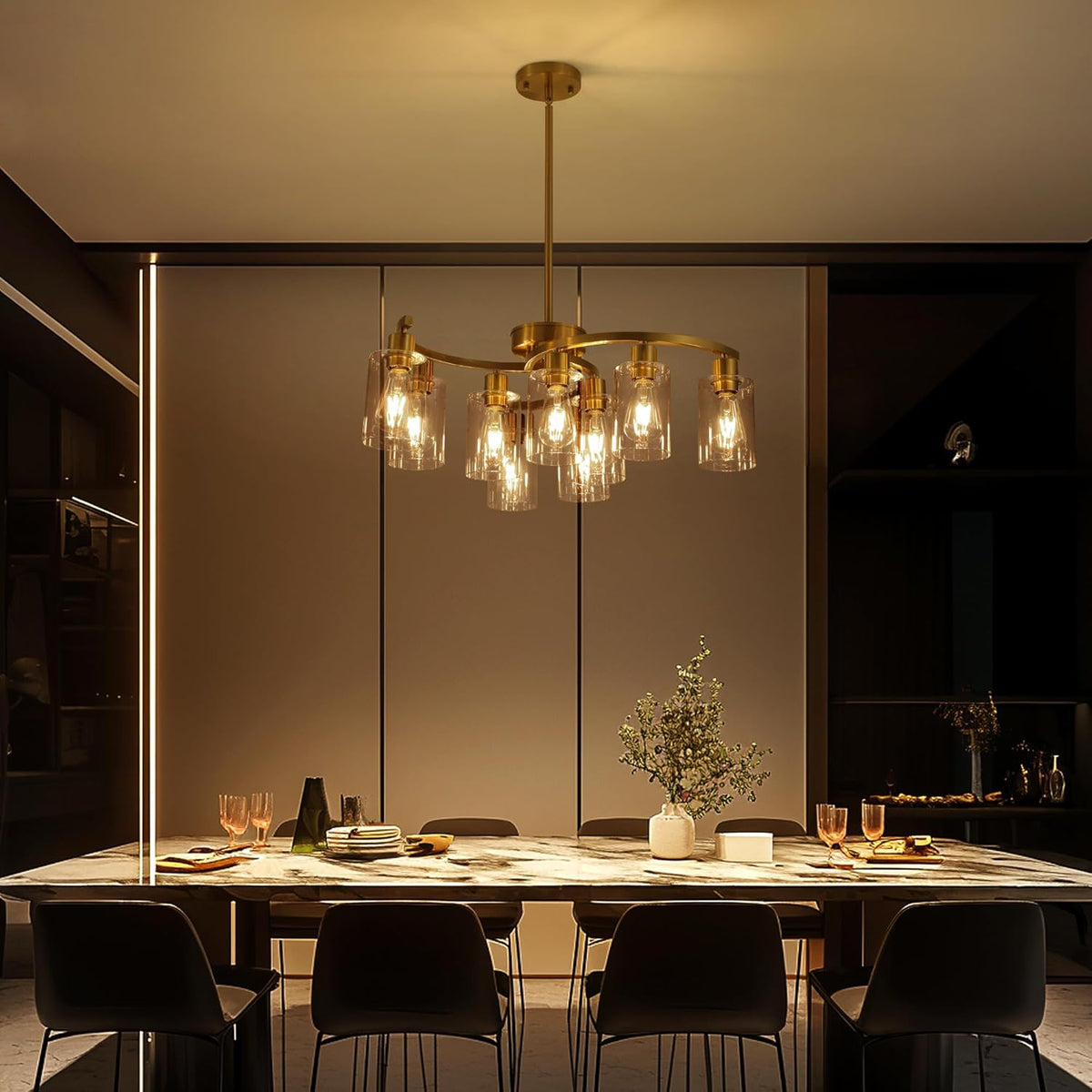 9-Light Gold Glass Chandelier, Adjustable Height Dining Room Light Fixtures Over Table, Contemporary Hanging Chandelier for Kitchen Island Living Room Foyer Office, Clear Glass Shade