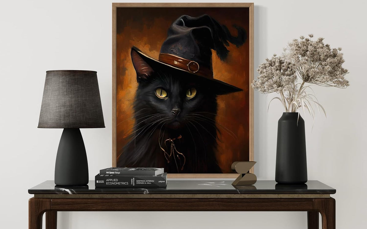Witch Cat Poster Art Print, Halloween Scary Vintage Wall Art Academia Spooky Painting Decoration for Horror Prints, Gothic Posters Bedroom Decor 89 (Witch Cat, 8 x 10 inches, Wood Frame)
